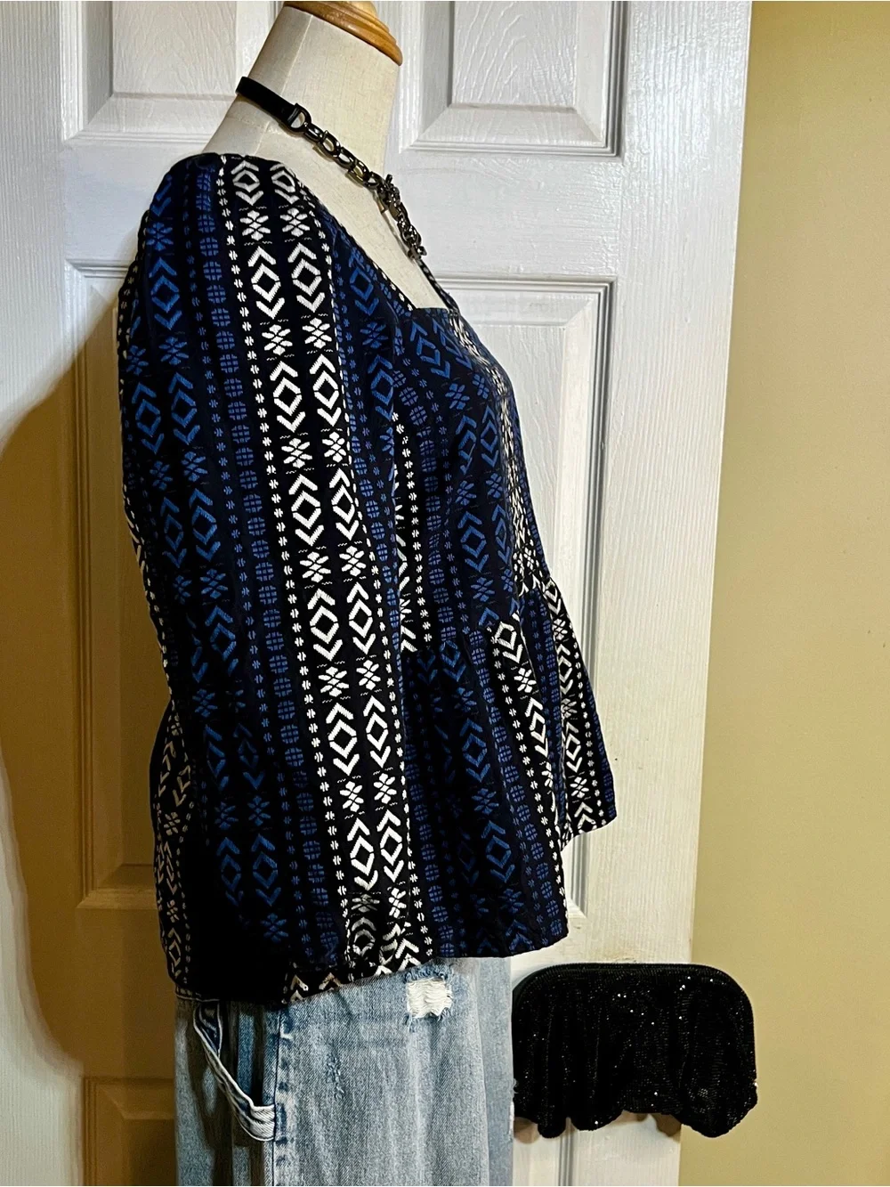 Madewell Lightspun Blue Millbrook Puff Sleeve Geo Print Cotton Peplum Top XXS